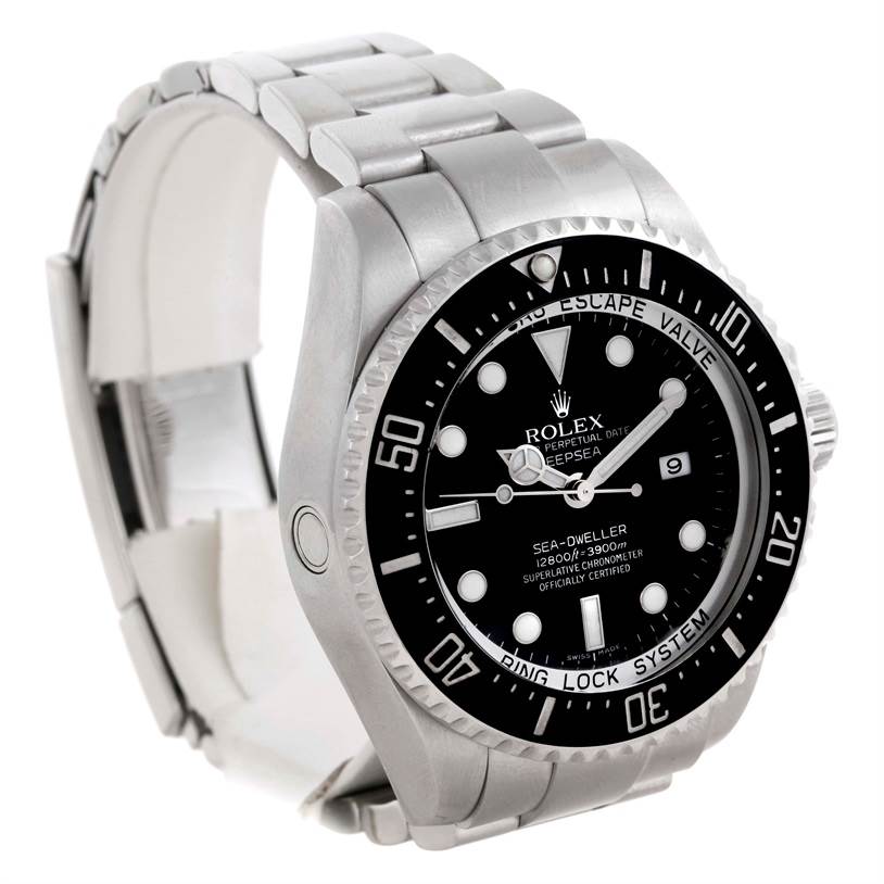 The image shows a front-left angle of the Rolex Sea-Dweller 116660 Men's Stainless Steel Black Dial 116660 Men's Stainless Steel Black Dial watch, highlighting the dial, bezel, and bracelet.