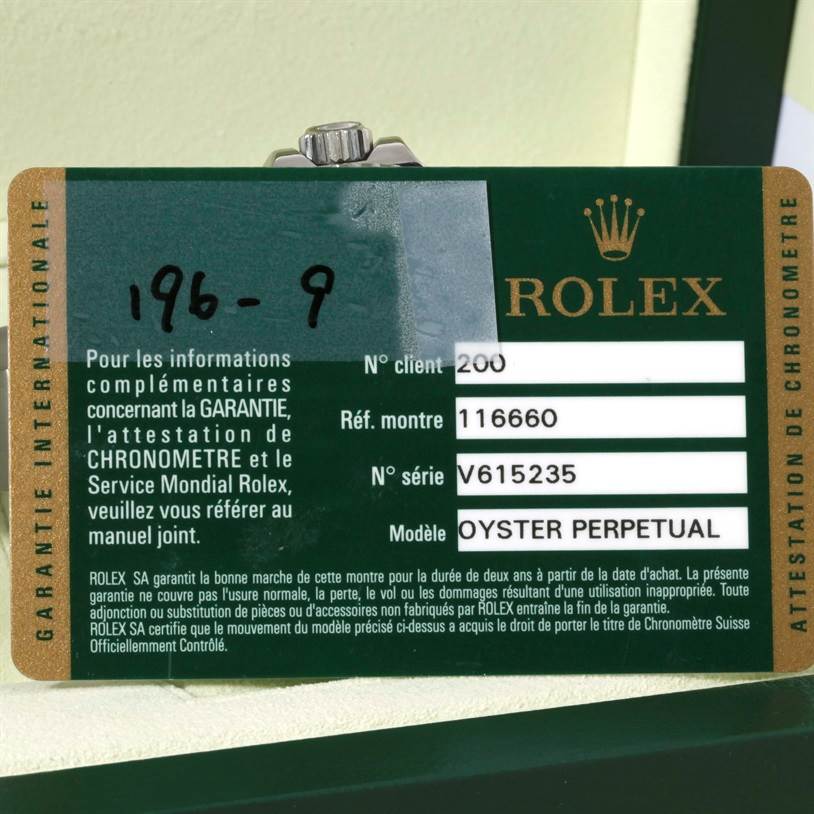 The image shows the guarantee card for a Rolex Sea-Dweller 116660 Men's Stainless Steel Black Dial 116660 Men's Stainless Steel Black Dial watch with model number 116660 and serial number V615235.