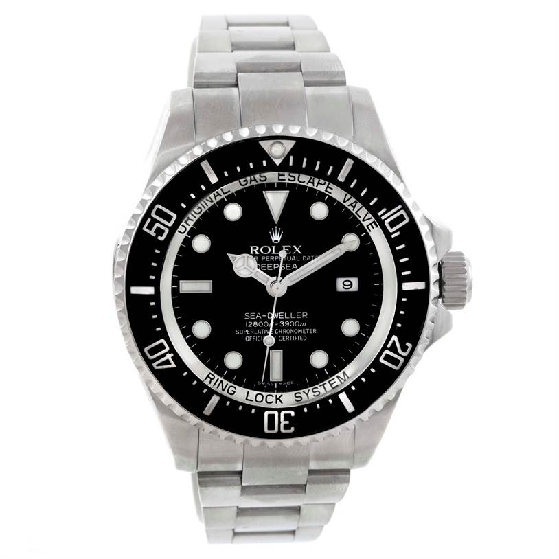 The image shows the front view of a Rolex Sea-Dweller 116660 Men's Stainless Steel Black Dial 116660 Men's Stainless Steel Black Dial watch with its bezel, dial, hands, and bracelet plainly visible.