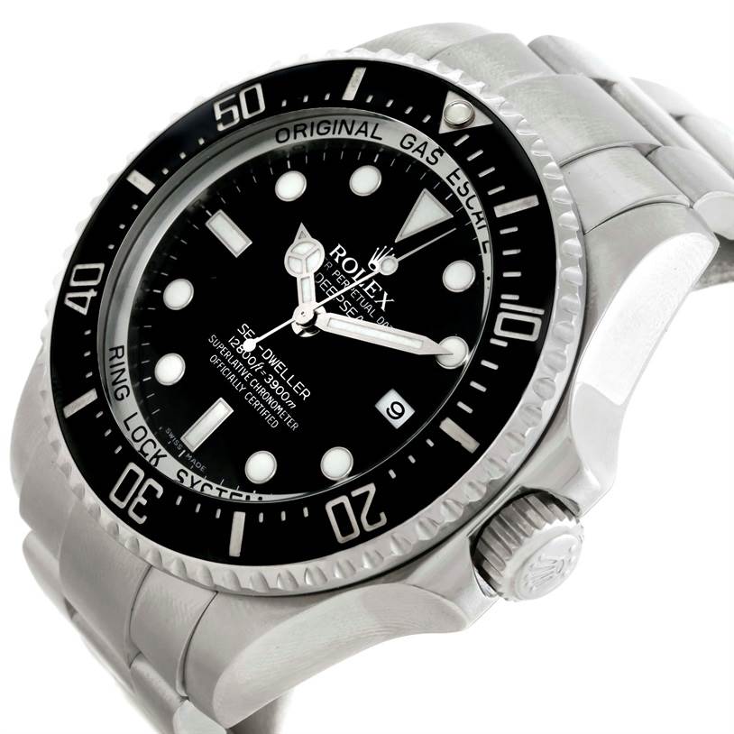 The image shows a detailed angled view of the face and part of the bracelet of a Rolex Sea-Dweller 116660 Men's Stainless Steel Black Dial 116660 Men's Stainless Steel Black Dial watch.