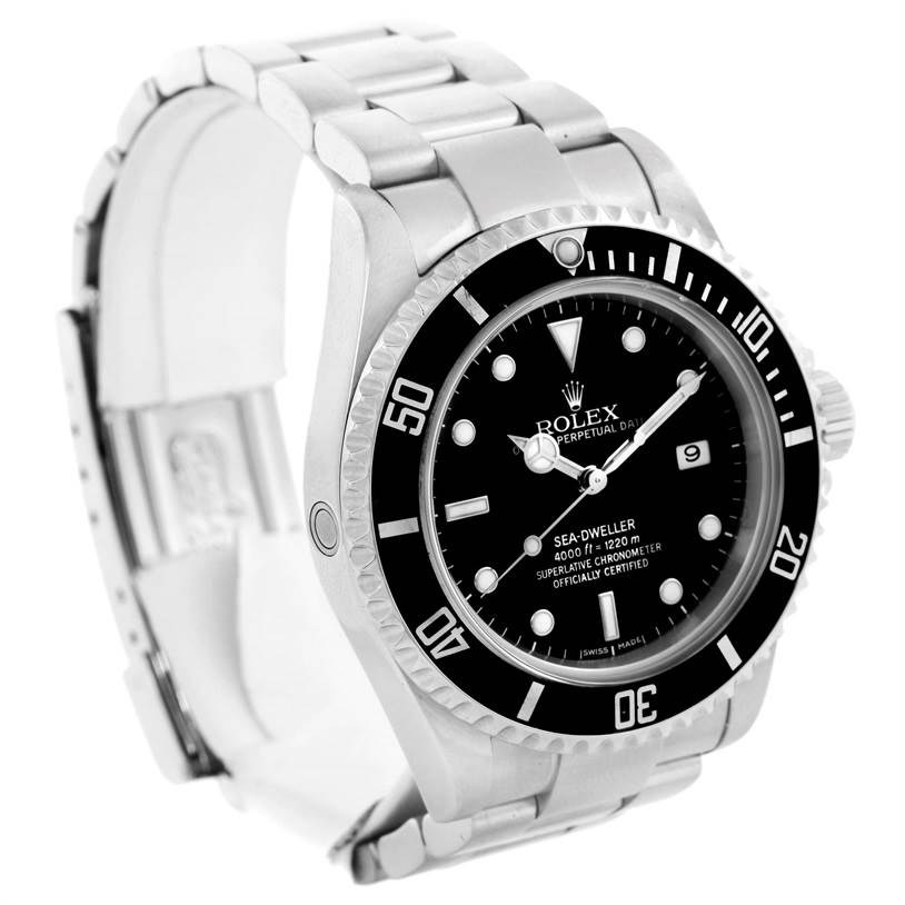 The image shows a Rolex Sea-Dweller 16600 Men's Stainless Steel Black Dial 16600 Men's Stainless Steel Black Dial watch at a slight angle, highlighting its face, bezel, and part of the bracelet.