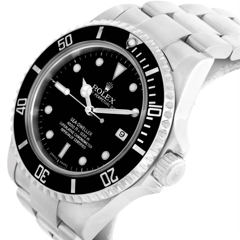 The image shows a close-up view of the Rolex Sea-Dweller 16600 Men's Stainless Steel Black Dial 16600 Men's Stainless Steel Black Dial watch, highlighting the bezel, dial, and part of the bracelet.