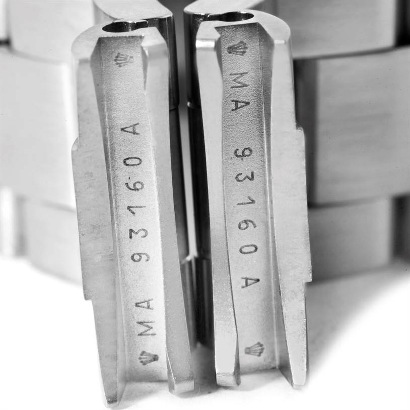 This image shows a close-up of the bracelet links of a Rolex Sea-Dweller 16600 Men's Stainless Steel Black Dial 16600 Men's Stainless Steel Black Dial watch, including the model number (93160A).