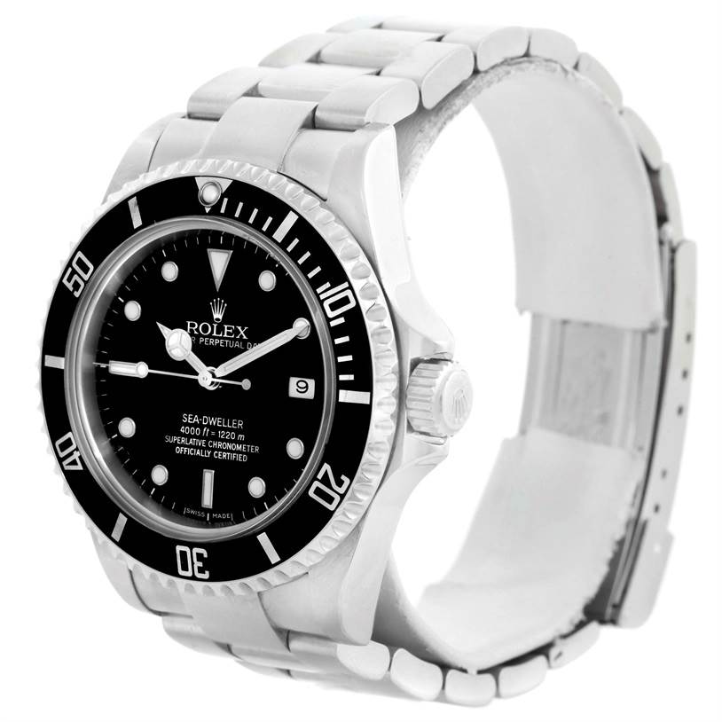 The image shows a Rolex Sea-Dweller 16600 Men's Stainless Steel Black Dial 16600 Men's Stainless Steel Black Dial watch at an angle highlighting its dial, bezel, case, crown, and bracelet.