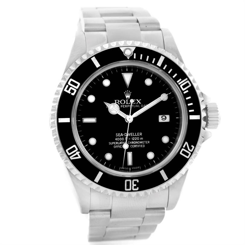 The image shows a frontal view of a Rolex Sea-Dweller 16600 Men's Stainless Steel Black Dial 16600 Men's Stainless Steel Black Dial watch, displaying the face, bezel, and part of the bracelet.