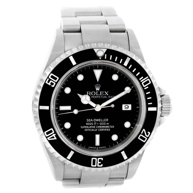 The image shows a front view of the Rolex Sea-Dweller 16600 Men's Stainless Steel Black Dial 16600 Men's Stainless Steel Black Dial watch, displaying the face, bezel, and part of the bracelet.