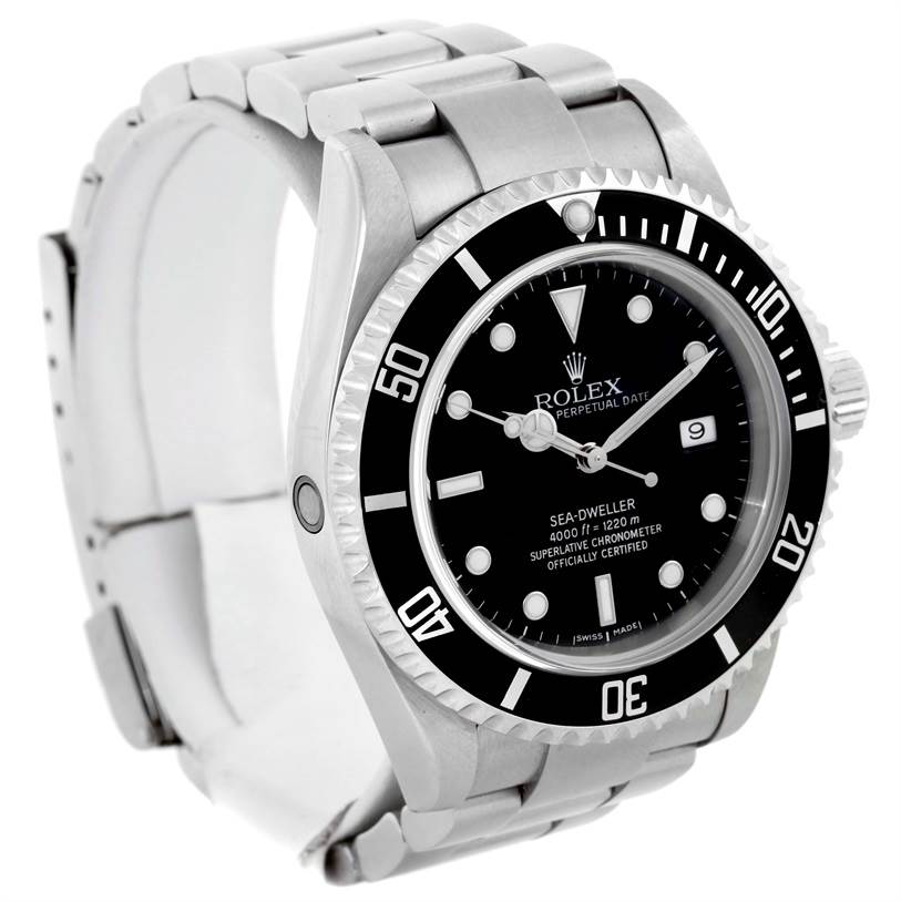 The image shows the front and left side of a Rolex Sea-Dweller 16600 Men's Stainless Steel Black Dial 16600 Men's Stainless Steel Black Dial watch, highlighting the bezel, dial, bracelet, and crown.