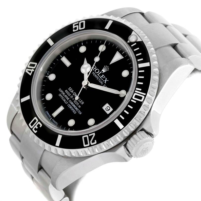 The Rolex Sea-Dweller 16600 Men's Stainless Steel Black Dial 16600 Men's Stainless Steel Black Dial watch is shown from an angled side view displaying the dial, bezel, crown, and part of the bracelet.