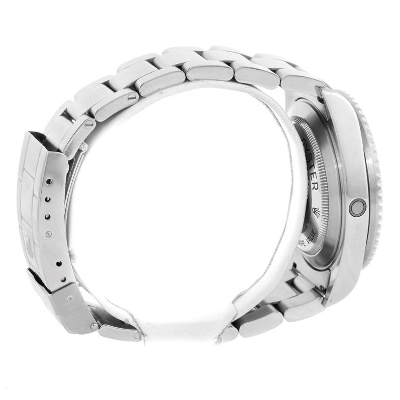 This image shows a side view of the Rolex Sea-Dweller 16600 Men's Stainless Steel Black Dial 16600 Men's Stainless Steel Black Dial watch, highlighting its bracelet and clasp.