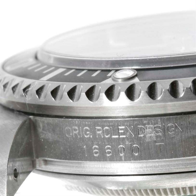 Side view showing the engraved case of the Rolex Sea-Dweller 16600 Men's Stainless Steel Black Dial 16600 Men's Stainless Steel Black Dial watch model 16600.