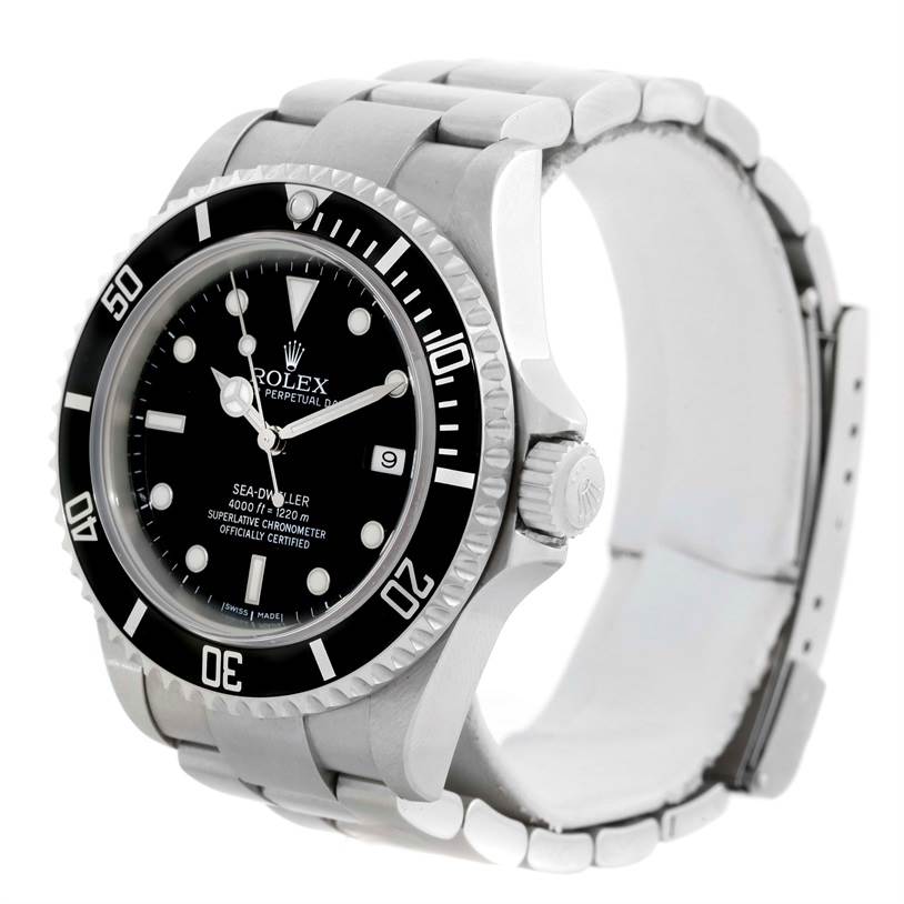 This image shows a Rolex Sea-Dweller 16600 Men's Stainless Steel Black Dial 16600 Men's Stainless Steel Black Dial watch from an angled side view, displaying the dial, bezel, case, and part of the bracelet.