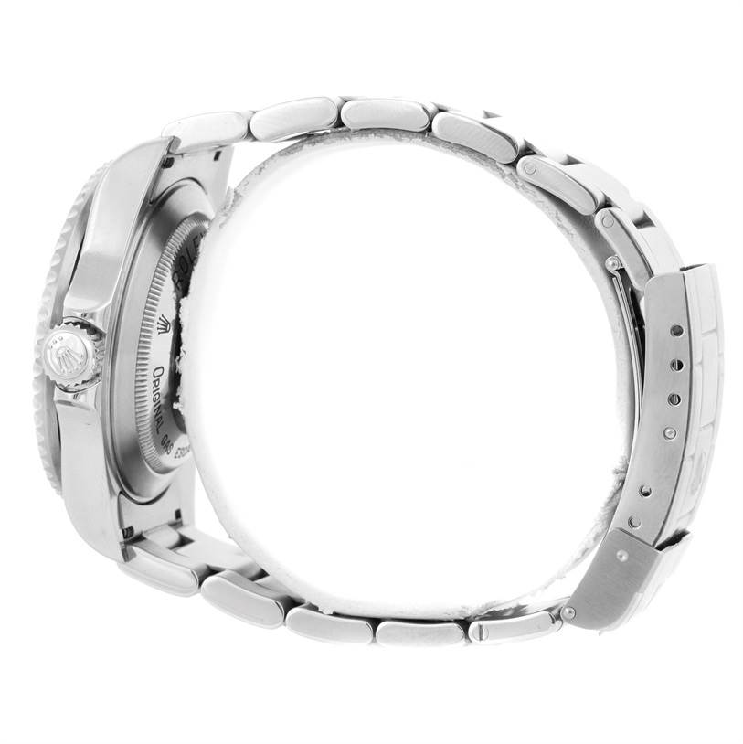 The image shows a side view of the Rolex Sea-Dweller 16600 Men's Stainless Steel Black Dial 16600 Men's Stainless Steel Black Dial's case back, crown, and bracelet clasp.