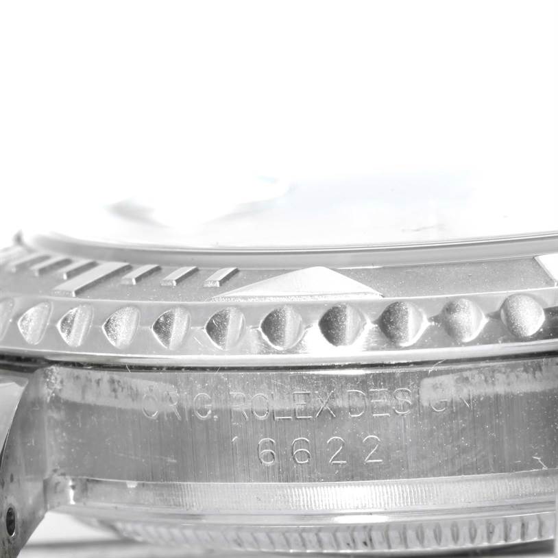 The image shows a close-up side view of the bezel and case of the Rolex Yacht-Master 16622 Men's Stainless Steel Silver Dial 16622 Men's Stainless Steel Silver Dial model, displaying its design details and model number.