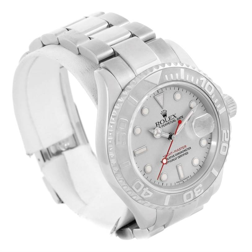 The Rolex Yacht-Master 16622 Men's Stainless Steel Silver Dial 16622 Men's Stainless Steel Silver Dial watch is shown at an angle, displaying the face, bezel, and part of the bracelet.