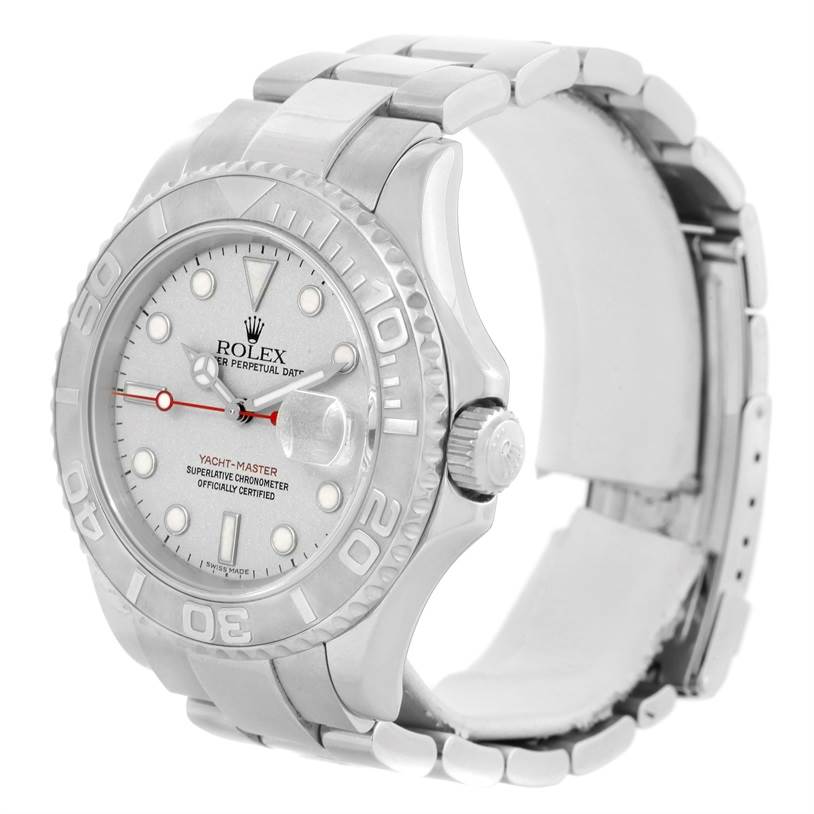 The image shows a Rolex Yacht-Master 16622 Men's Stainless Steel Silver Dial 16622 Men's Stainless Steel Silver Dial watch from a slight side angle, highlighting the face, bezel, crown, and bracelet.