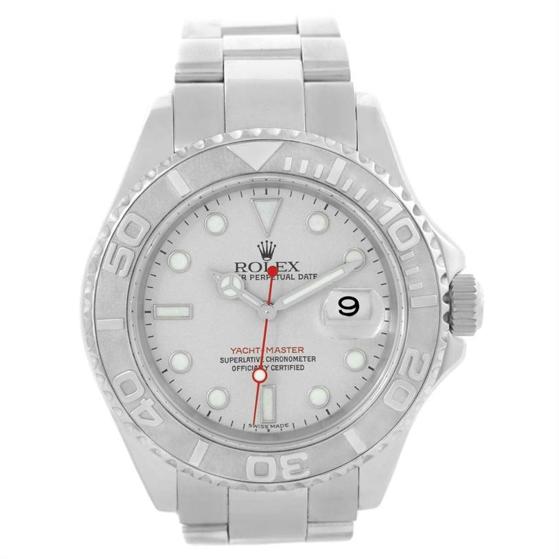 This image shows a frontal view of the Rolex Yacht-Master 16622 Men's Stainless Steel Silver Dial 16622 Men's Stainless Steel Silver Dial watch, highlighting its face, bezel, and bracelet.