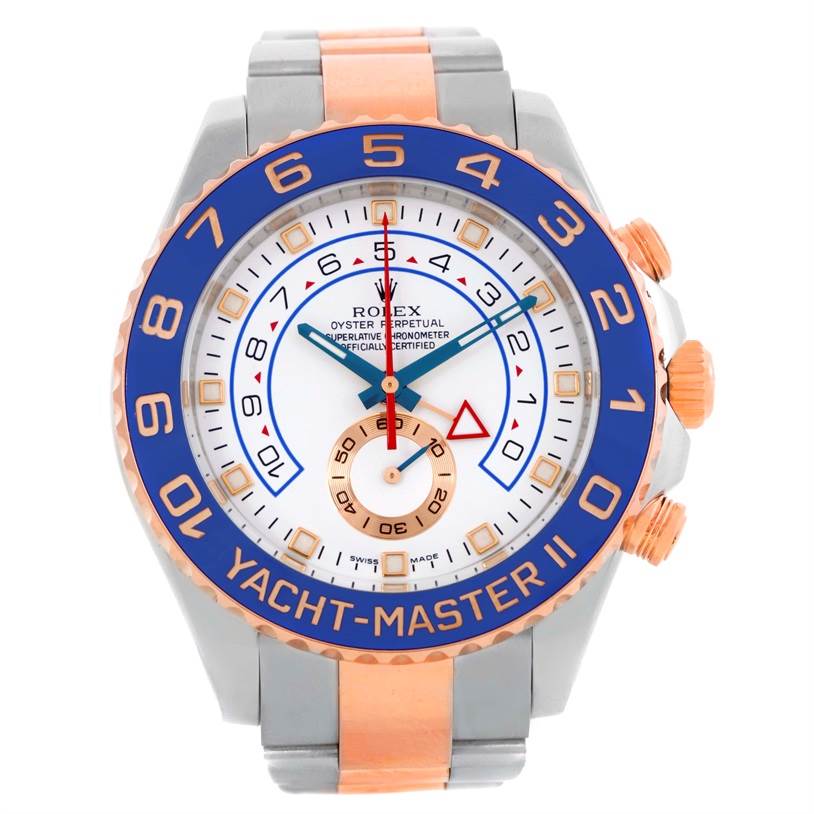 The Rolex Yacht-Master 116681 Men's Steel and Gold (two tone) White Dial 116681 Men's Steel and Gold (two tone) White Dial II watch is shown from a front angle, highlighting its face, bezel, and partial bracelet.