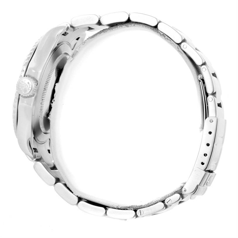 This side view of the Rolex Yacht-Master 16622 Men's Stainless Steel Silver Dial 16622 Men's Stainless Steel Silver Dial watch shows the crown and metal bracelet.