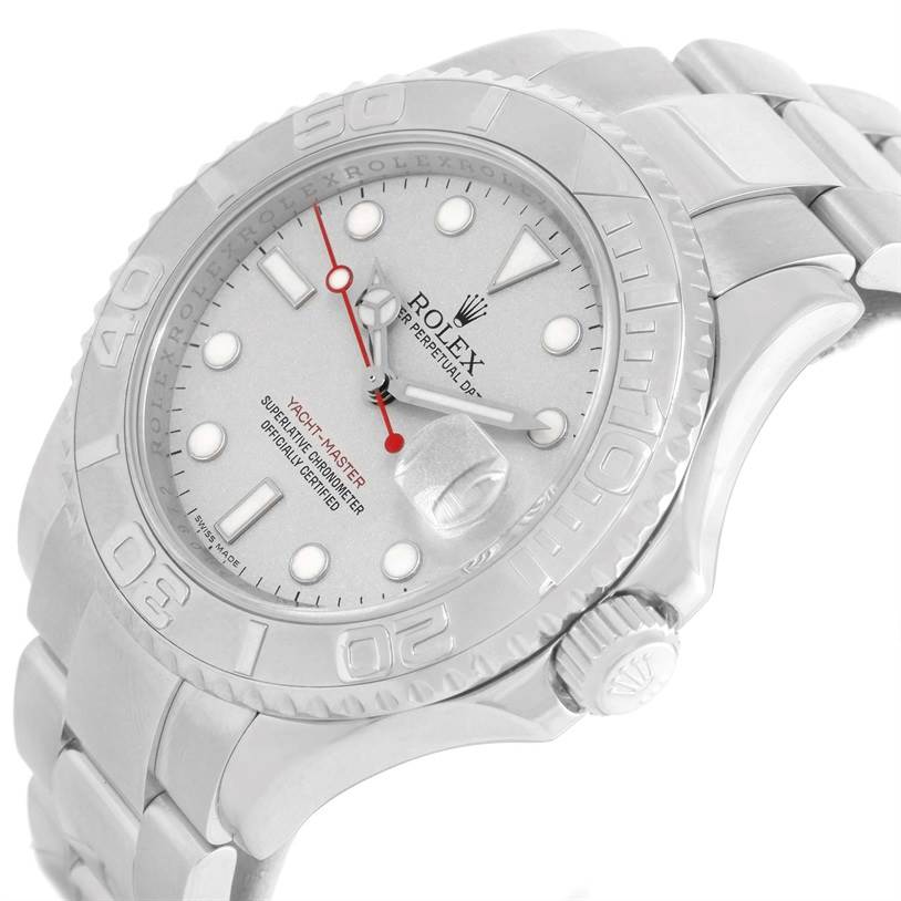 The image shows a Rolex Yacht-Master 16622 Men's Stainless Steel Silver Dial 16622 Men's Stainless Steel Silver Dial watch at an angled side view, highlighting the face, bezel, and bracelet.