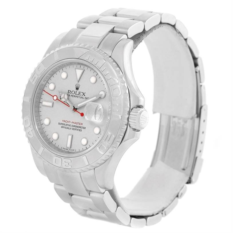 This Rolex Yacht-Master 16622 Men's Stainless Steel Silver Dial 16622 Men's Stainless Steel Silver Dial watch is shown at a slight angle, displaying the watch face, bezel, crown, and part of the bracelet.