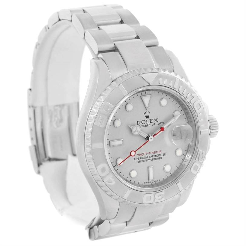 The watch is a Rolex Yacht-Master 16622 Men's Stainless Steel Silver Dial 16622 Men's Stainless Steel Silver Dial, shown at a three-quarter angle displaying the face, bezel, bracelet, and crown.