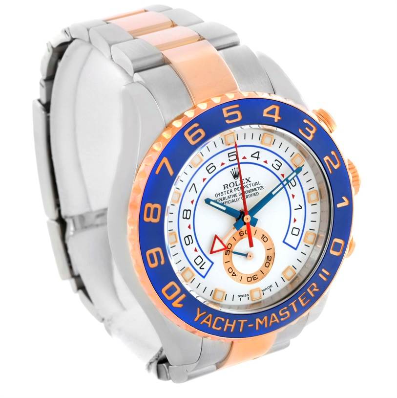 The image shows a Rolex Yacht-Master 116681 Men's Steel and Gold (two tone) White Dial 116681 Men's Steel and Gold (two tone) White Dial watch from a front angle, highlighting its bezel, face, and partially its bracelet.