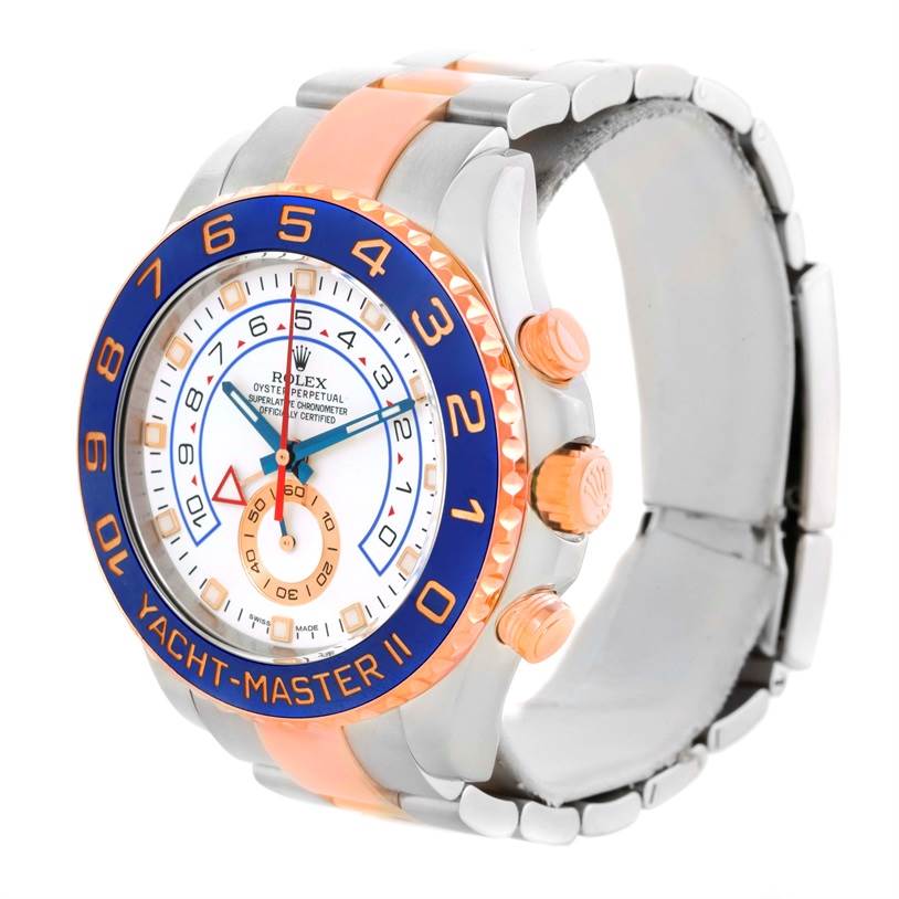 This image shows a Rolex Yacht-Master 116681 Men's Steel and Gold (two tone) White Dial 116681 Men's Steel and Gold (two tone) White Dial watch at a slight side angle, highlighting the face, bezel, crown, and part of the band.