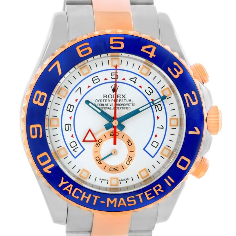 This image shows a frontal view of a Rolex Yacht-Master 116681 Men's Steel and Gold (two tone) White Dial 116681 Men's Steel and Gold (two tone) White Dial II watch, highlighting its bezel, dial, and portion of the bracelet.