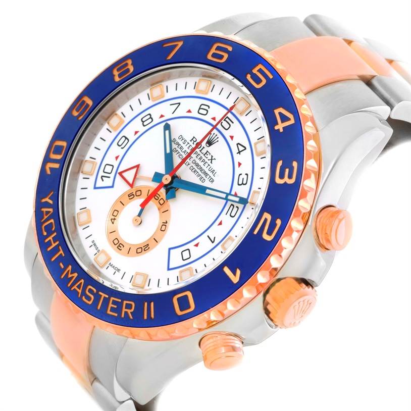 The image shows a close-up, angled view of the face and side buttons of a Rolex Yacht-Master 116681 Men's Steel and Gold (two tone) White Dial 116681 Men's Steel and Gold (two tone) White Dial II watch.