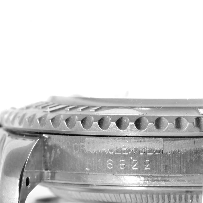 This image shows a close-up side view of the bezel and case side of a Rolex Yacht-Master 16622 Men
s Stainless Steel Silver Dial 16622 Men
s Stainless Steel Silver Dial watch, featuring the model number 16622.