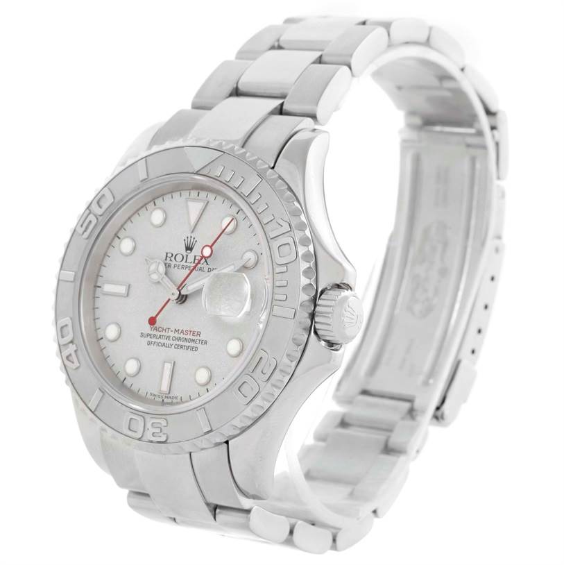 The image shows a Rolex Yacht-Master 16622 Men
s Stainless Steel Silver Dial 16622 Men
s Stainless Steel Silver Dial watch from a side angle, highlighting its bezel, dial, and metal bracelet.