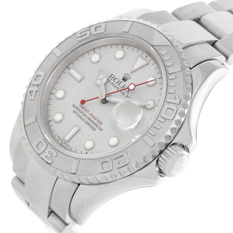 This image shows a Rolex Yacht-Master 16622 Men
s Stainless Steel Silver Dial 16622 Men
s Stainless Steel Silver Dial watch demonstrating its dial, bezel, and bracelet from a slight side angle.