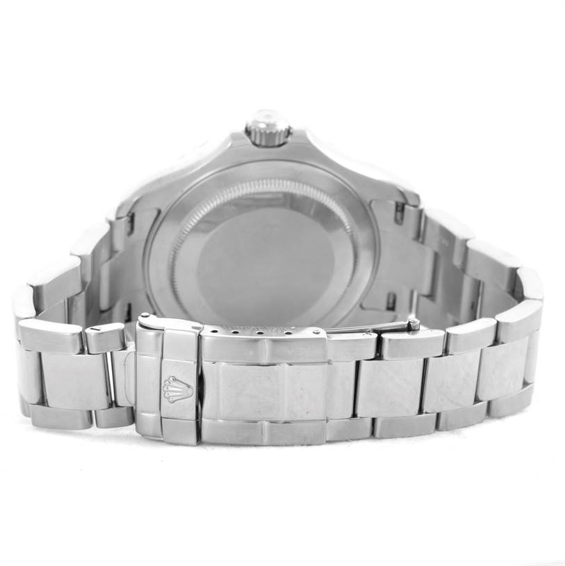 The image shows the rear view of the Rolex Yacht-Master 16622 Men
s Stainless Steel Silver Dial 16622 Men
s Stainless Steel Silver Dial watch, focusing on the case back and bracelet with clasp.