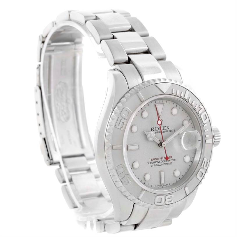 The image shows a Rolex Yacht-Master 16622 Men
s Stainless Steel Silver Dial 16622 Men
s Stainless Steel Silver Dial watch at an angle highlighting the face, bezel, and part of the bracelet.