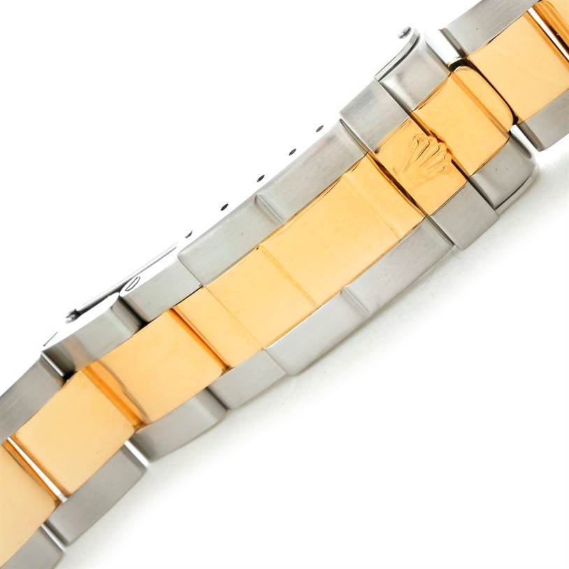 The image shows a close-up angle of the bracelet of a Rolex Yacht-Master 68623 Men's Stainless Steel Blue Dial 68623 Men's Stainless Steel Blue Dial watch, highlighting its two-tone metal links.