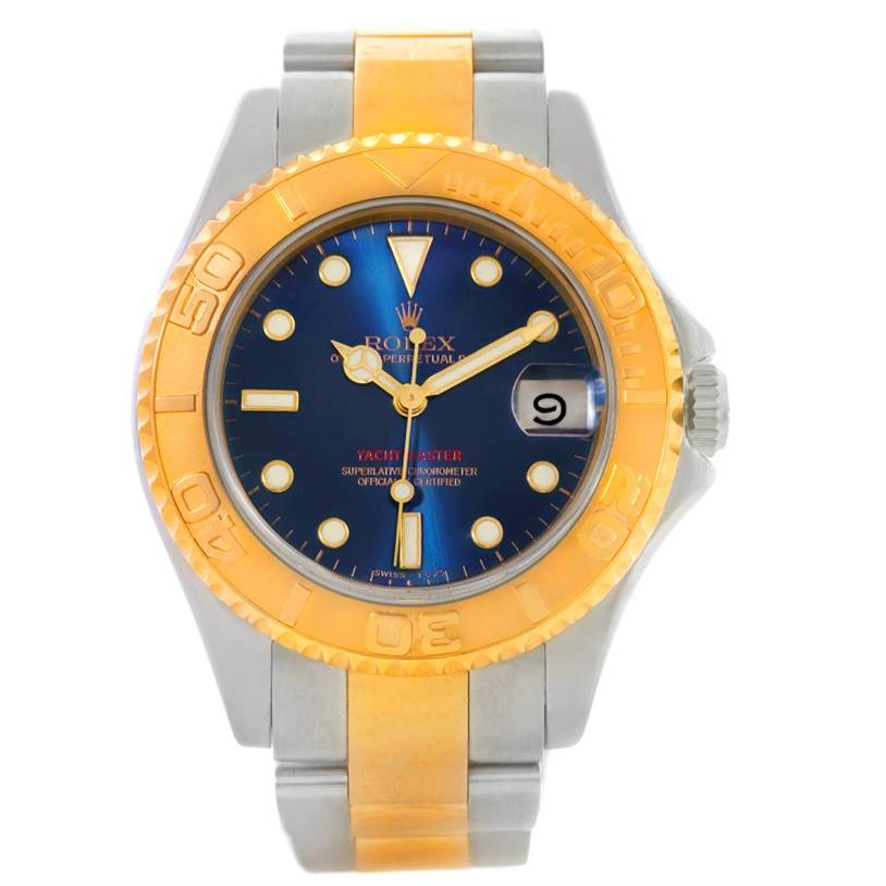 The image shows a front view of the Rolex Yacht-Master 68623 Men's Stainless Steel Blue Dial 68623 Men's Stainless Steel Blue Dial watch, displaying its face, bezel, and part of the bracelet.