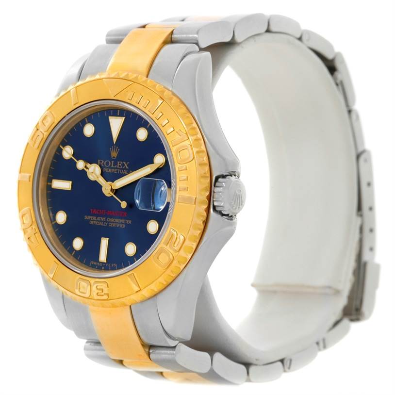 The Rolex Yacht-Master 68623 Men's Stainless Steel Blue Dial 68623 Men's Stainless Steel Blue Dial watch is shown at an angled front view, highlighting its face, bezel, and part of the strap.