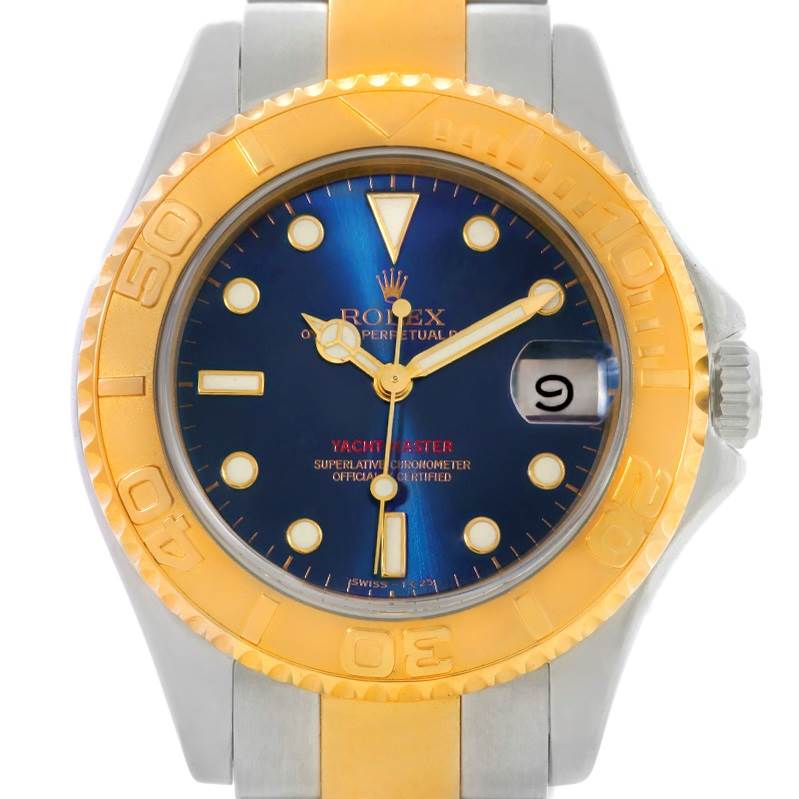 This image shows a front view of the Rolex Yacht-Master 68623 Men's Stainless Steel Blue Dial 68623 Men's Stainless Steel Blue Dial watch, highlighting its blue dial, gold bezel, and metallic strap.
