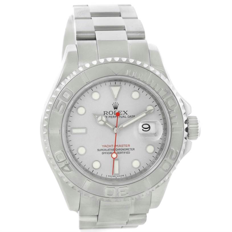 The image shows a front view of the Rolex Yacht-Master 16622 Men's Stainless Steel Silver Dial 16622 Men's Stainless Steel Silver Dial watch, displaying its face, bezel, and bracelet.