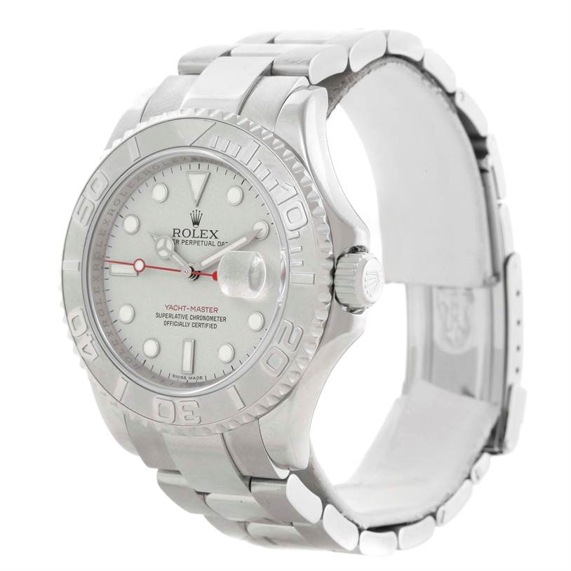 The image shows a front angle of the Rolex Yacht-Master 16622 Men's Stainless Steel Silver Dial 16622 Men's Stainless Steel Silver Dial watch, highlighting the dial, bezel, and part of the bracelet.