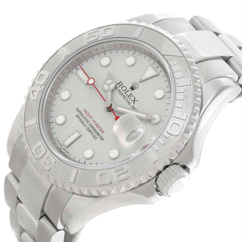 The image shows a Rolex Yacht-Master 16622 Men's Stainless Steel Silver Dial 16622 Men's Stainless Steel Silver Dial watch at an angle highlighting its face, bezel, crown, and part of the bracelet.