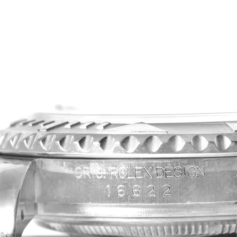 The image shows a close-up side angle of a Rolex Yacht-Master 16622 Men's Stainless Steel Silver Dial 16622 Men's Stainless Steel Silver Dial watch with its bezel and model number 16622 engraved.