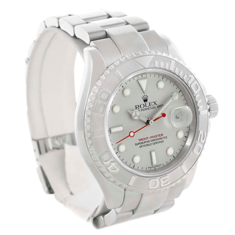 The Rolex Yacht-Master 16622 Men's Stainless Steel Silver Dial 16622 Men's Stainless Steel Silver Dial watch is shown from an angled view, displaying the face, bezel, and part of the bracelet.