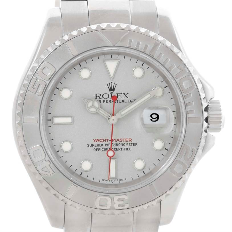 The image shows a front view of a Rolex Yacht-Master 16622 Men's Stainless Steel Silver Dial 16622 Men's Stainless Steel Silver Dial watch, highlighting the dial, bezel, and part of the bracelet.