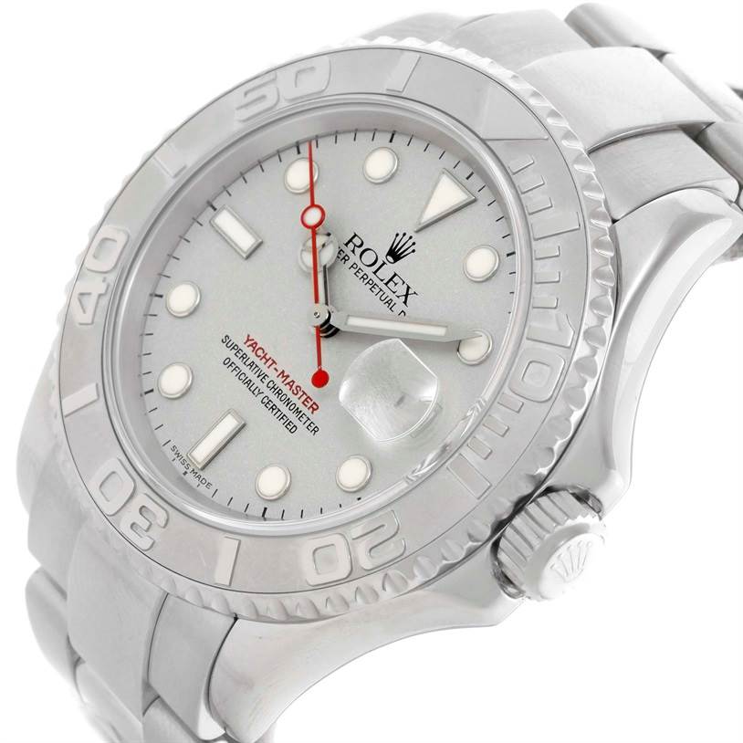 The Rolex Yacht-Master 16622 Men's Stainless Steel Silver Dial 16622 Men's Stainless Steel Silver Dial watch is shown at an angle highlighting the bezel, dial, hands, crown, and part of the bracelet.
