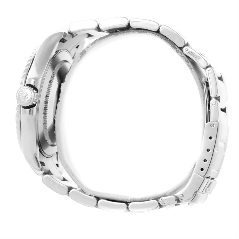 This image shows a side view of a Rolex Yacht-Master 16622 Men's Stainless Steel Silver Dial 16622 Men's Stainless Steel Silver Dial watch, highlighting the crown, case, and bracelet.