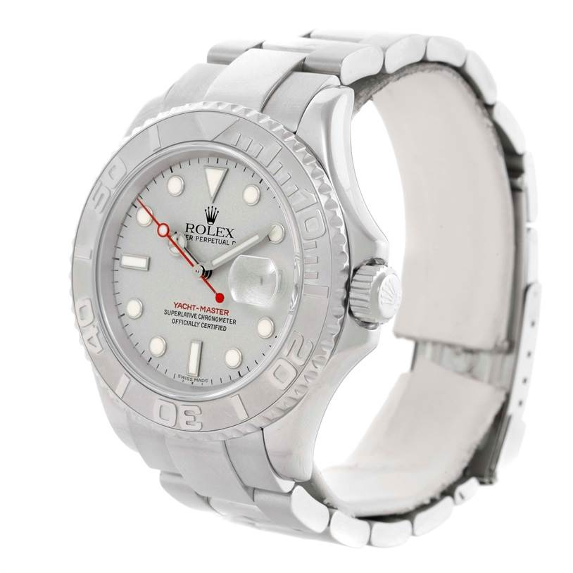 The image shows a Rolex Yacht-Master 16622 Men's Stainless Steel Silver Dial 16622 Men's Stainless Steel Silver Dial watch from a front angle, displaying the watch face, bezel, and bracelet.