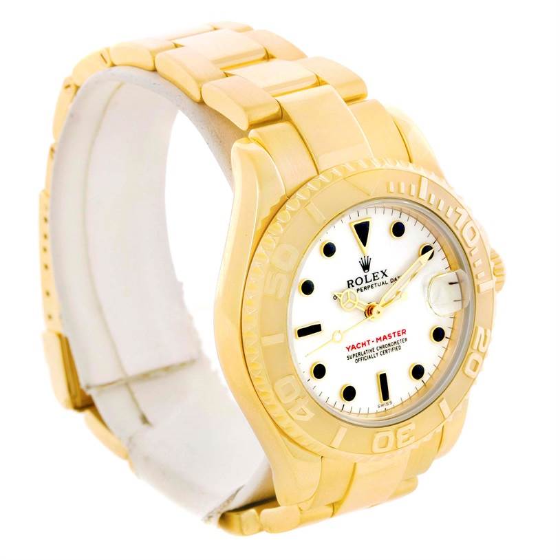 The image shows a Rolex Yacht-Master 68628 Men's Yellow Gold White Dial 68628 Men's Yellow Gold White Dial watch from a front-left angle, highlighting the dial, bezel, and bracelet.