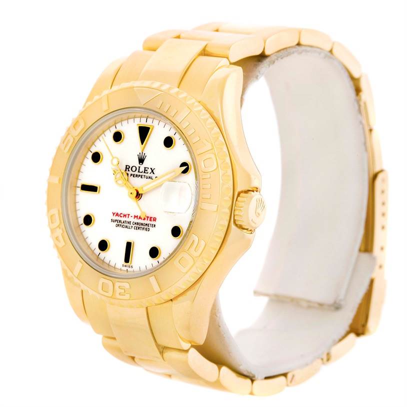 This image shows a Yacht-Master Rolex watch at a slight angle, displaying the face, bezel, crown, and part of the bracelet.