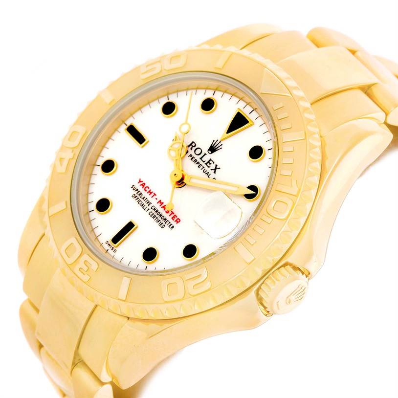 The image shows a Rolex Yacht-Master 68628 Men's Yellow Gold White Dial 68628 Men's Yellow Gold White Dial watch at an angled front view, highlighting the dial, bezel, case, and part of the bracelet.